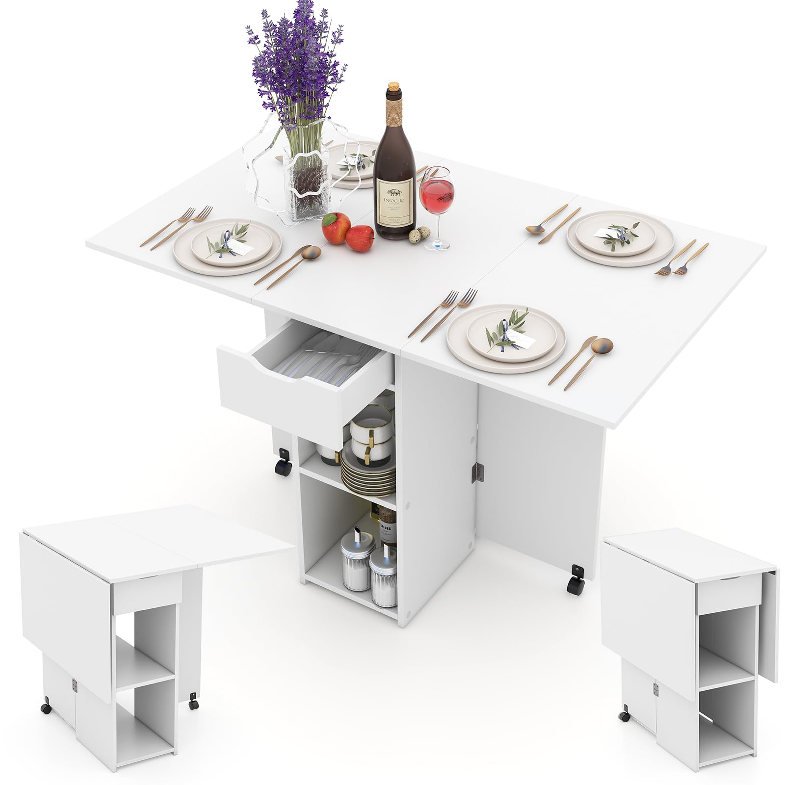 LIFEZEAL Mesa de Comedor Plegable 3 en 1, 120x77cm, Mesa de Cocina para 4-6 Personas, Mesa Extensible con 2 Ruedas, 1 Cajón, 2 Estantes, para Comedor, Sala de Estar (Blanco)