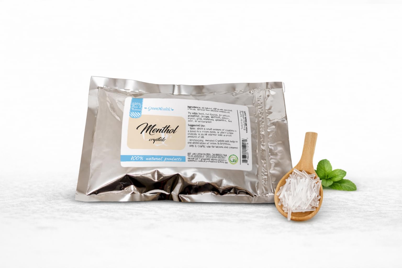 GreenHealth Menthol Crystals 4 oz – 100% Natural | Strong Mint Scent for Aromatherapy, Diffusers, DIY Wax Melts, Soaps | Food-Grade Aluminum Bag