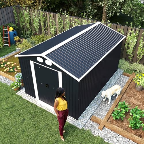 Image of KEIKI 8x12 FT Outdoor Storage Shed, Heavy-Duty Metal Shed with Lockable Doors & Air Vents, Weather-Resistant Garden Tool Storage for Backyard Patio, Dark Gray