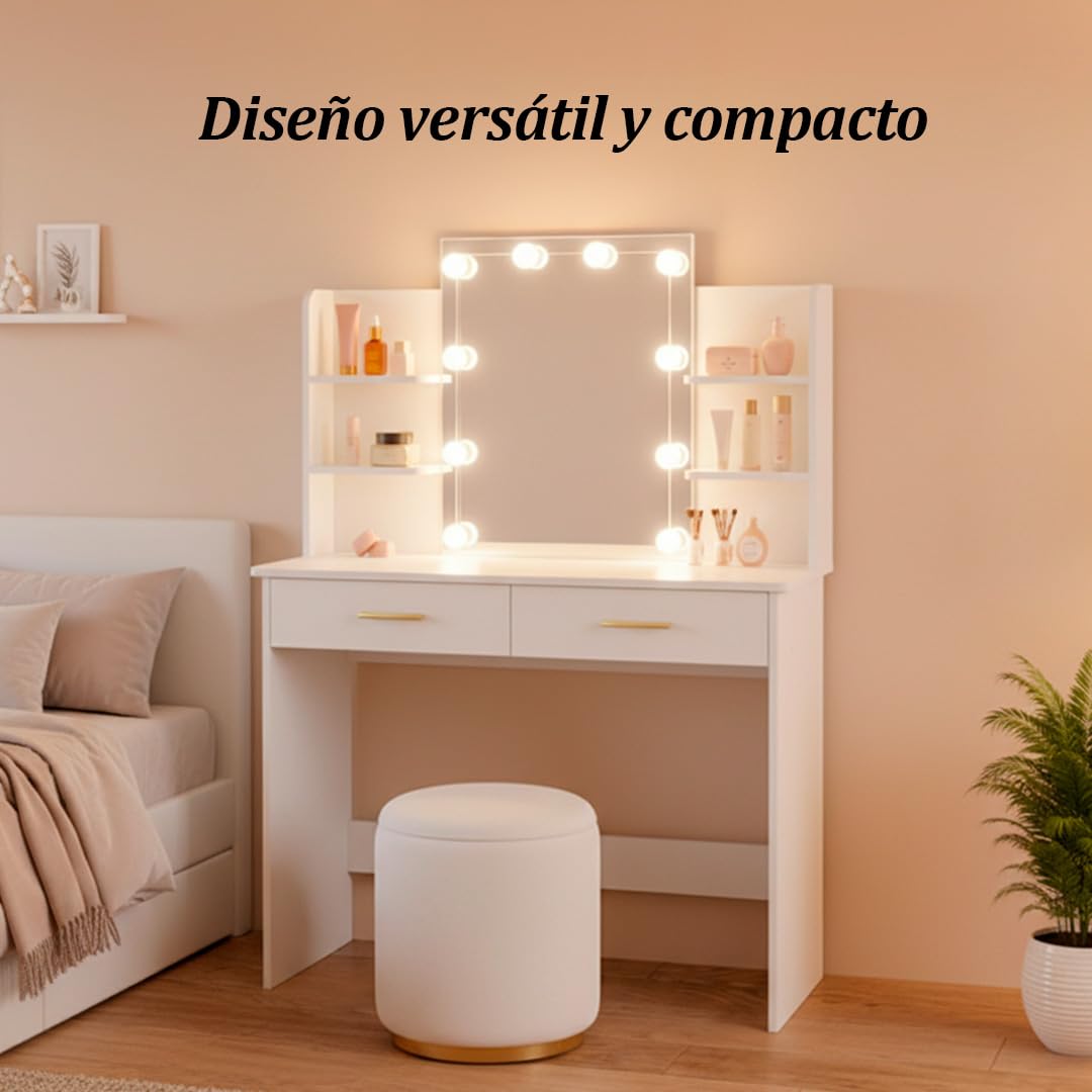 Marctani Tocador de Maquillaje con Luz LED Regulable, Espejo 10 Luces, Escritorio Compacto con Cajones