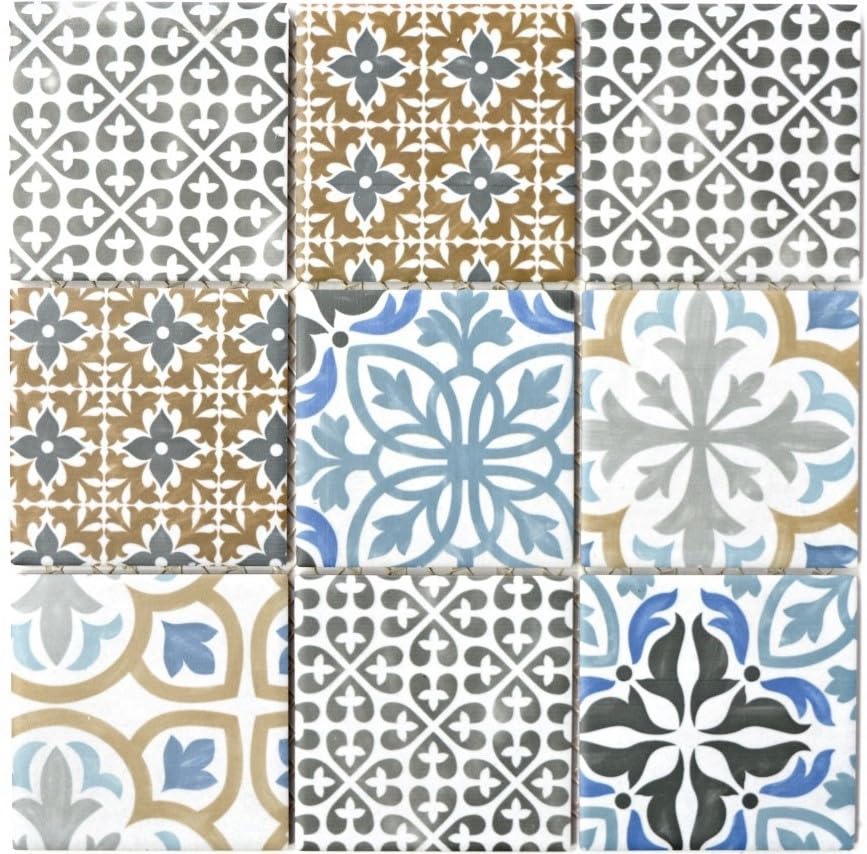 WB22B-1406 - Azulejos de cerámica para baño, inodoro, ducha, cocina, espejo de baño, diseño vintage, color crema, azul, naranja y gris mate
