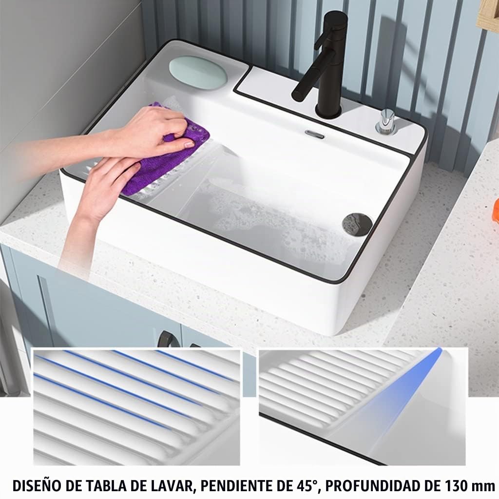 Lavabo De Baño Rectangular De Cerámica sobre Encimera con Grifo Extraíble De Arte, Bañera De Lavandería De Balcón con Tabla De Lavar