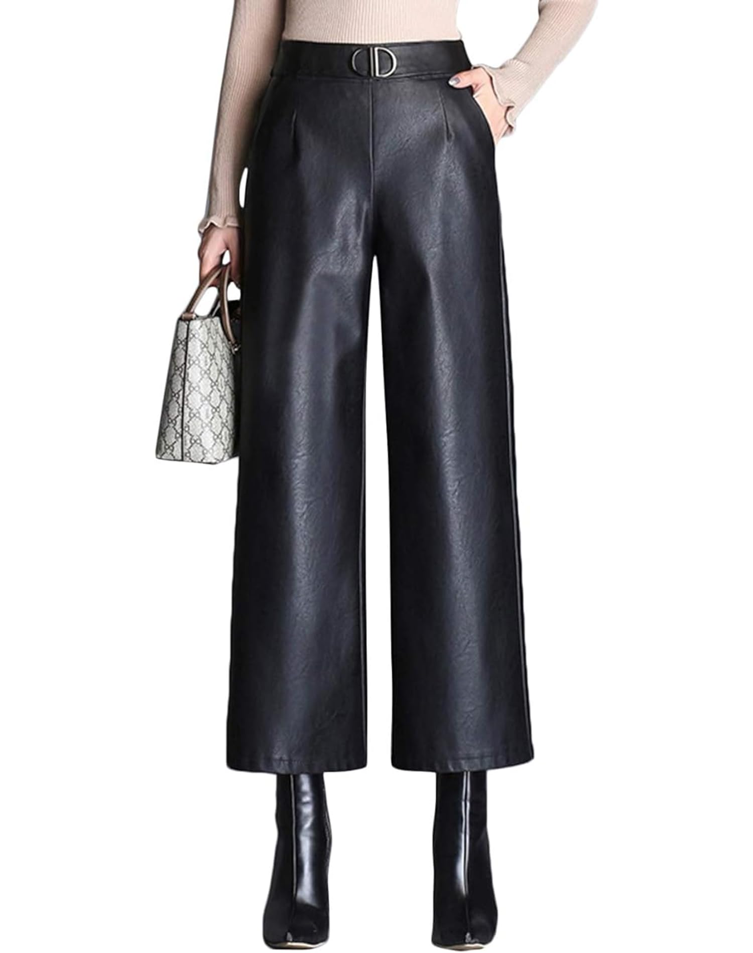 HaoMay Damen-Hosenhose, hohe Taille, weites Bein, PU-Kunstleder, kurze Hose