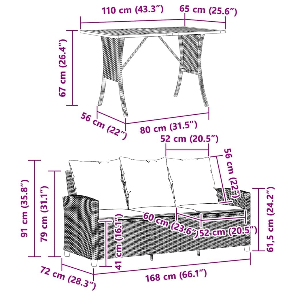 vidaXL Sofa ogrodowa 3-osobowa z poduszkami i stołem beżowa