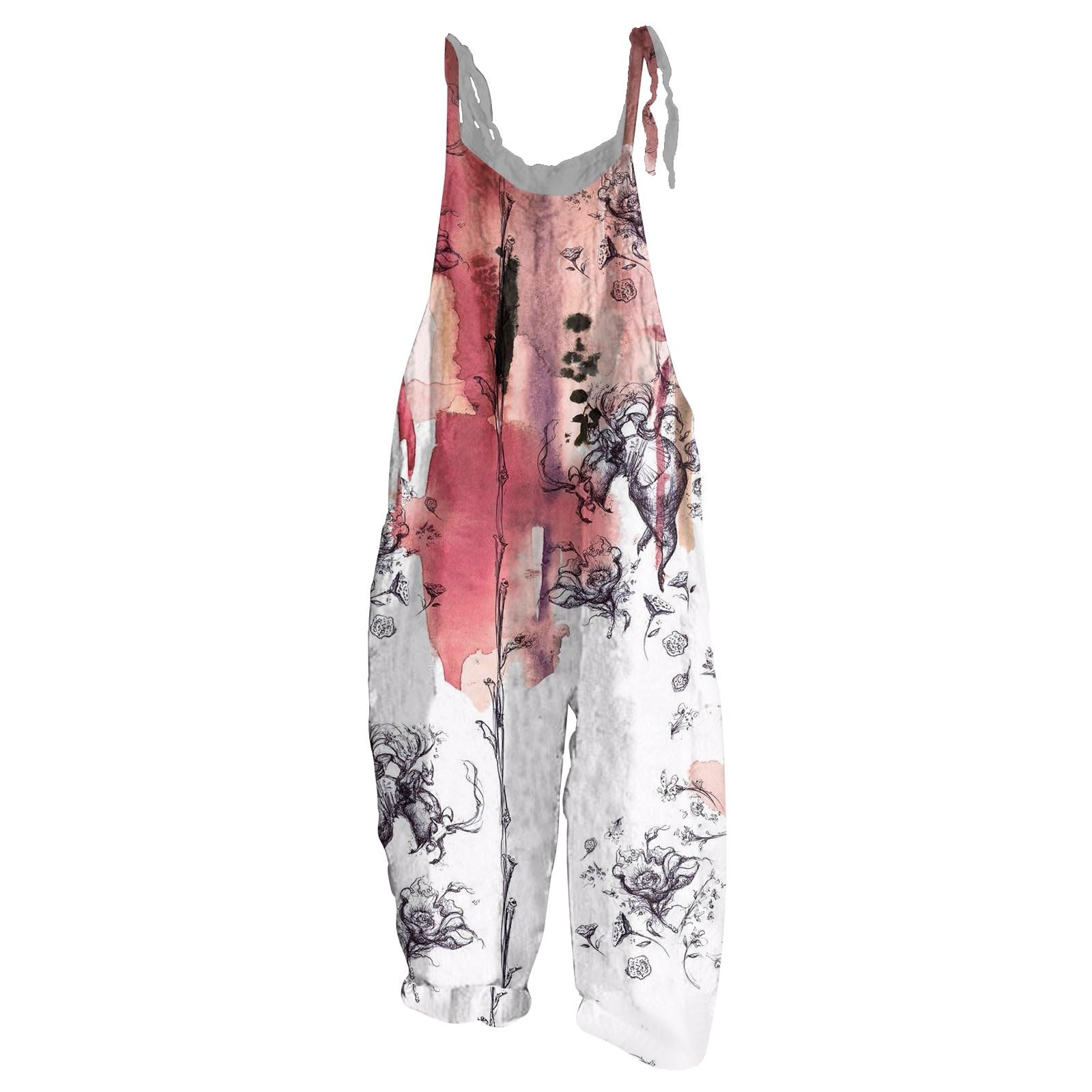 NAMTYQX Women Linen Overalls Summer Casual Floral Printed Loose Fit Jumpsuits Boho Cute Wide Leg Rompers Pants with Pockets