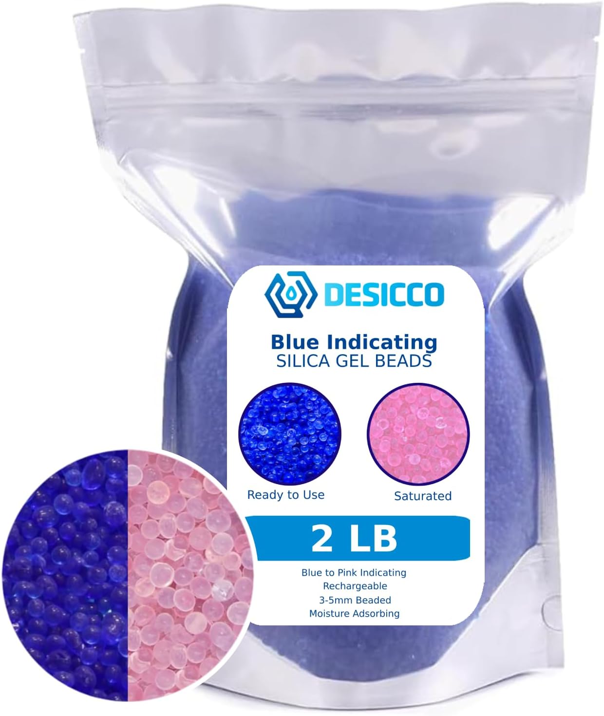 Silica Gel Beads Blue, 3-5mm. Blue Silica Gel Beads Turn to Pink to Indicate Reactivation. Reusable Desiccant Beads Rechargeable Moisture Absorber Silica Gel (5.0 lb)