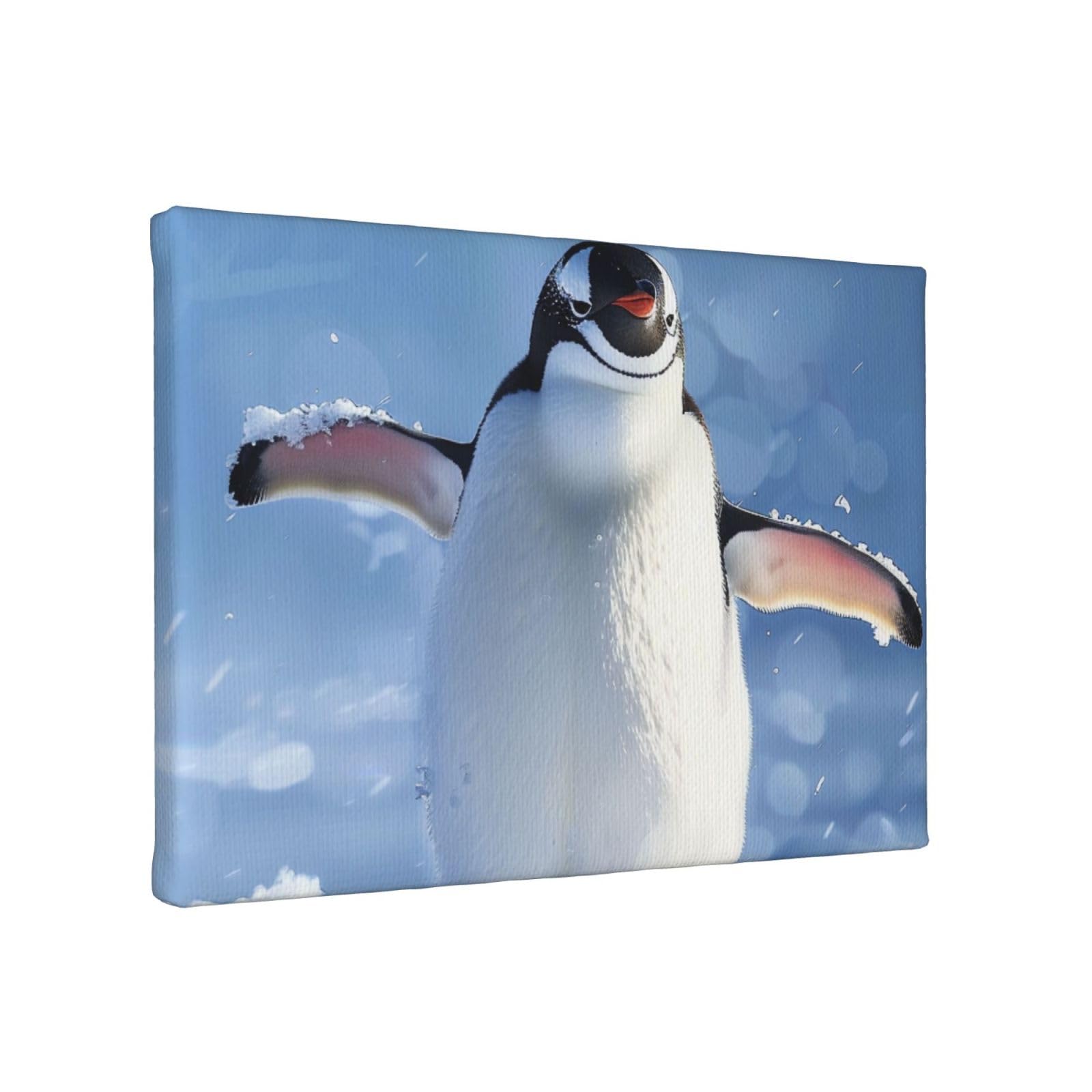 YKLJG Cute Penguin Printed Wall Art Canvas Painting 30x20 CM Wooden Framed Picture Painting Artwork Prints for Bedroom Kitchen Home Office Decor