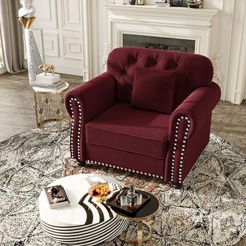 Image of KEIKI 41 inch Velvet Chesterfield Sofa with Rolled Arms & Nailhead Trim & 1 Ottoman, Modern 1-Seater Button Tufted Couch with High Resilience Cushion & 1 Pillow, Easy Assembly, for Living Room, Burgundy