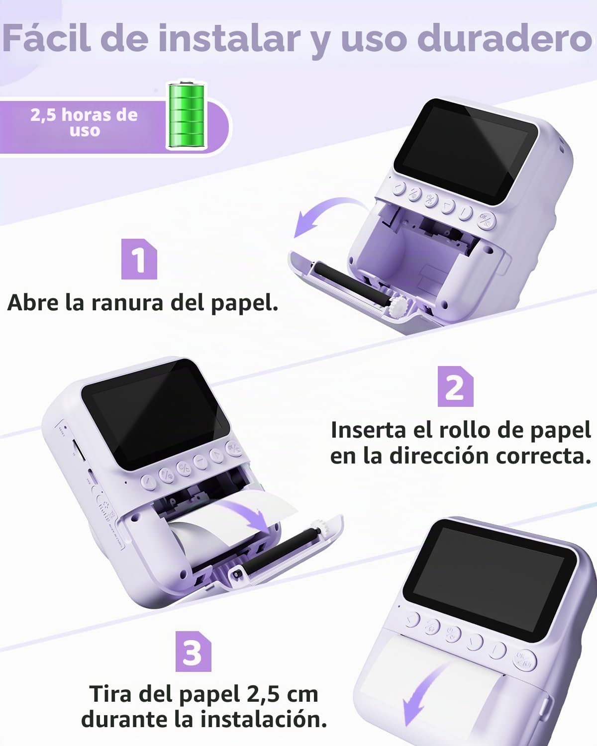 TIATUA Camara Fotos Infantil instantanea, 3,0'' HD 48 MP Cámara Instantánea para Niños con Tarjeta de 32 GB y 3 Rollos de Papel, Regalo para Niños y Niñas de 3 a 12 Años (Morado)