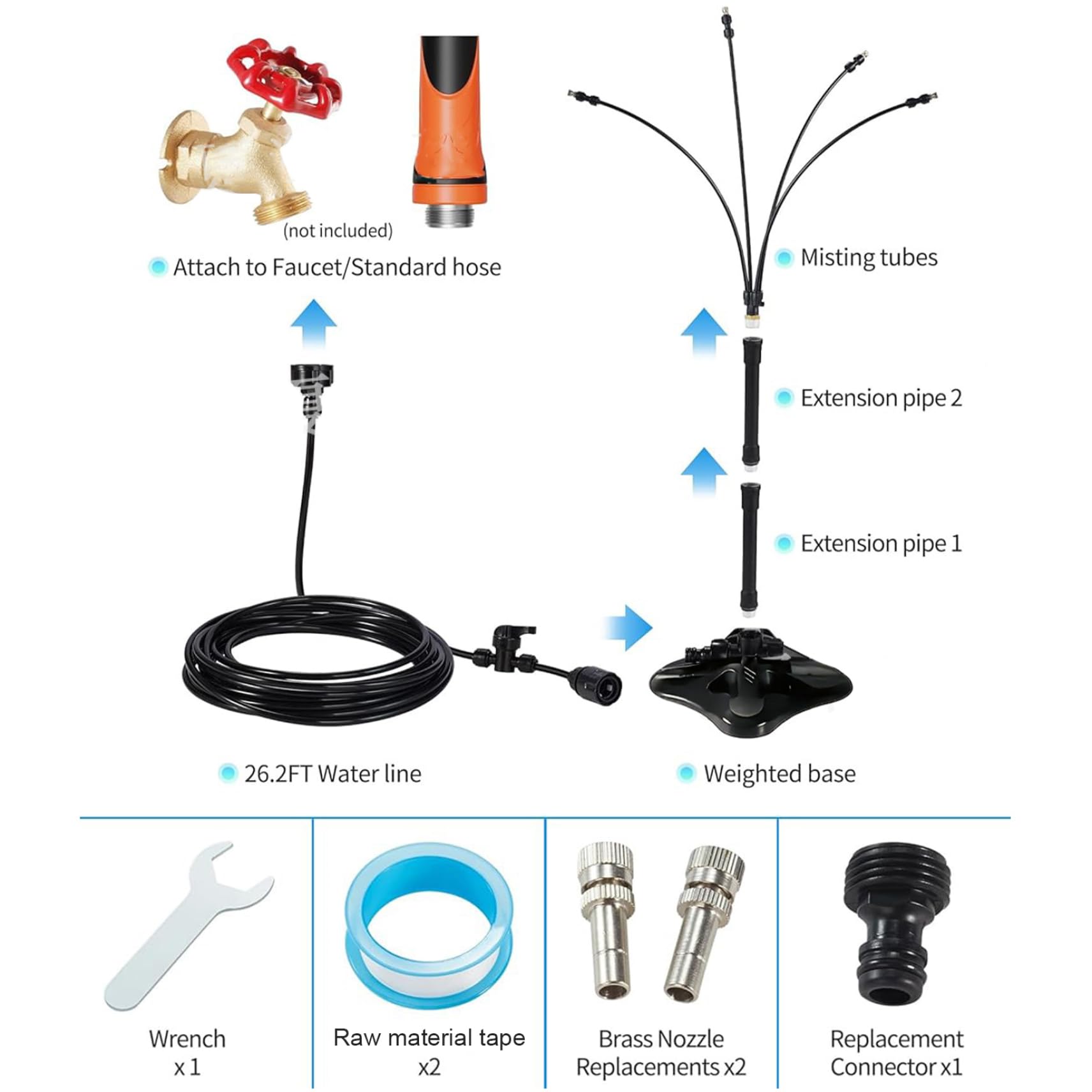Brumisateurs Debout pour terrasse extérieure avec Hauteur réglable et Ligne d'eau de 26 Pieds, système de brumisation Portable pour Le Refroidissement du Jardin, brumisateur Jardin pour Porch