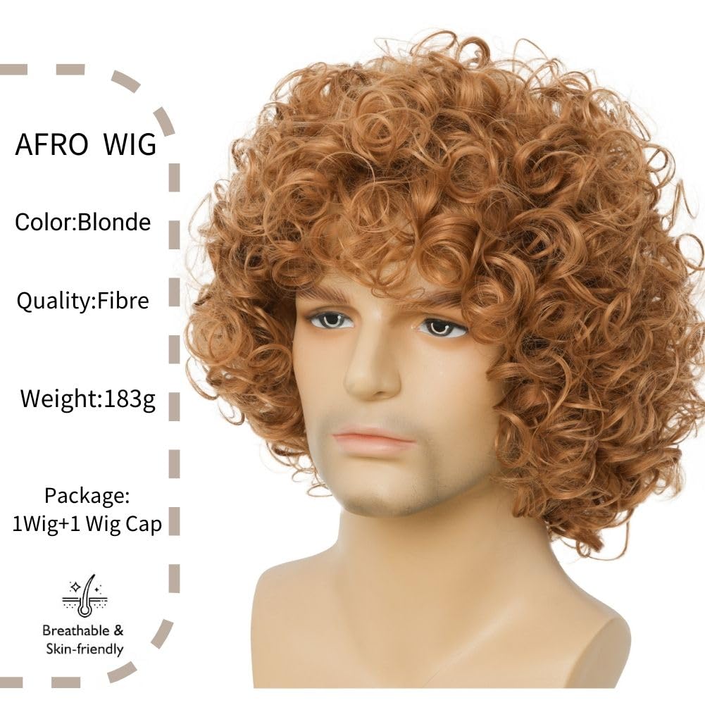 Salaibs Blonde Short Curly Wigs for Men Synthetic 70s 80s Afro Disco Wig Natural realistic Fluffy Male Hair Wig for Daily Party (Blonde) - Image 3