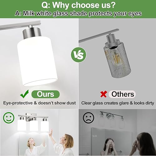 Miniatura 5 de Lámparas de baño de níquel cepillado con pantallas de vidrio de leche, luces de tocador de 3 luces amigables con los ojos para baño, luces de