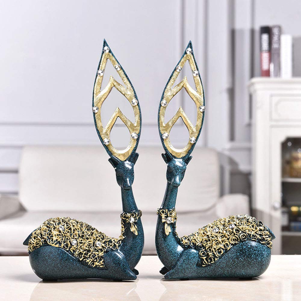 Statue couple cerf bleu en résine pour décorer une étagère de salon ou un bureau