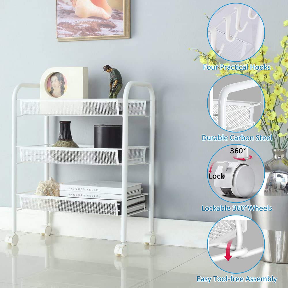 Carrello portaoggetti, con Ruote in Rete Carrello Portaoggetti Mobile in Metallo Multiuso con Due Ruote Bloccabili e Quattro Ganci, per Cucina, Bagno, Soggiorno, Studia, Camera da Letto (Bianca)