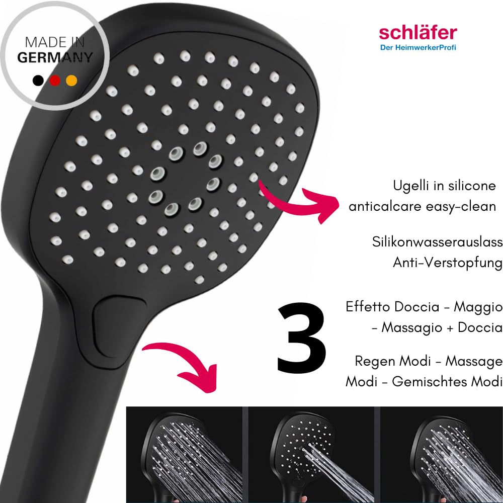 Schläfer 1304700 Alcachofa de ducha cuadrada negra mate, ducha a mano, alcachofa de ducha multichorro universal, ducha estándar, alcachofa cuadrada de alta presión, teléfono ducha