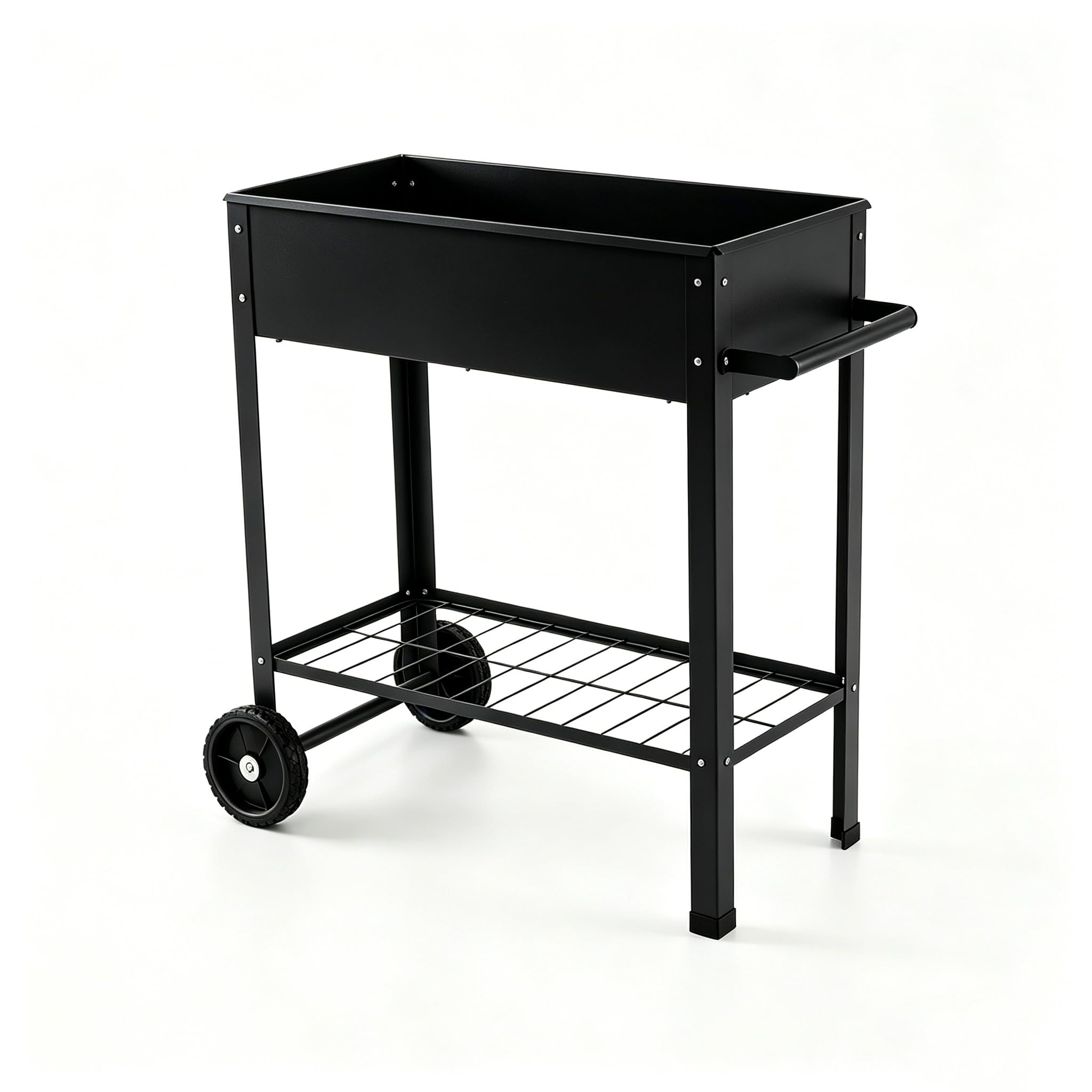 HOMASIS Cama Elevada de Jardín con Ruedas, Mesa de Cultivo con Estante de Malla, Asa, Estructura de Metal, Agujero de Drenaje, Huerto Urbano Exterior para Plantas, Flores, 88 x 37 x 80 cm (Negro)