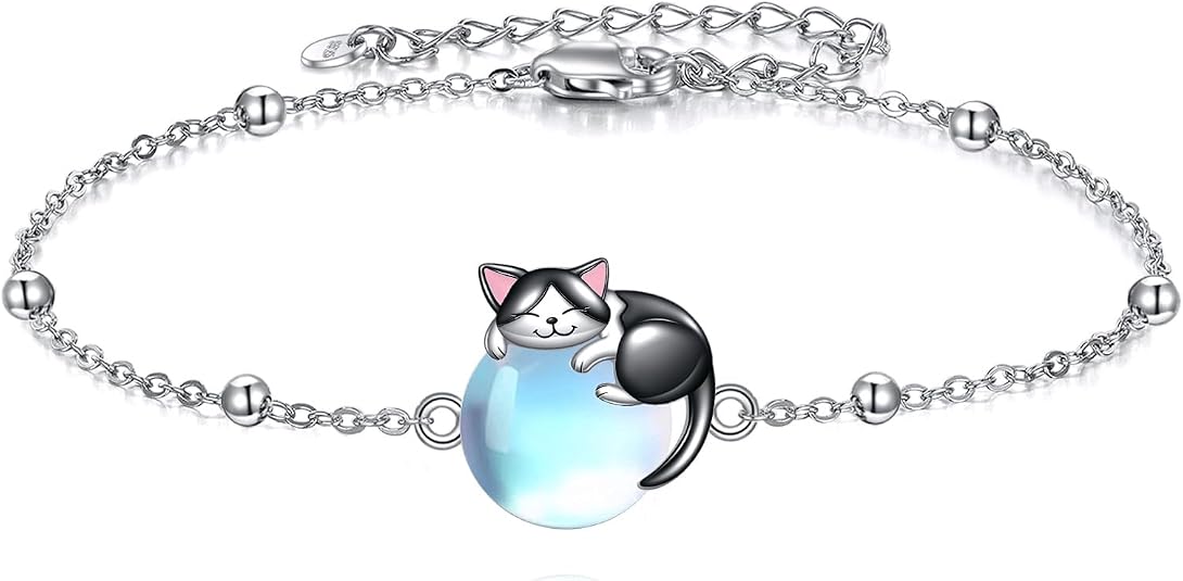 Sterling Silver Moonstone Tuxedo Cat Bracelet for Women