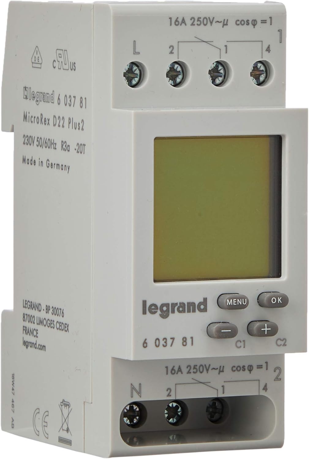 LEGRAND, MicroRex D22 Plus 2, digital weekly timer, 2 channels, 2-module for DIN rail, 230 V and 4000 W, 28 programs, accuracy +/- 1 sec/day, shortest switching time: 1 min., 9 x 3 x 2, 603781