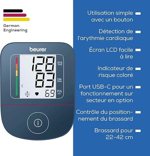 Beurer BM 25 misuratore di pressione da braccio, funzionamento semplice con un pulsante, misurazione precisa, rilevamento aritmie, porta USB-C, polsino 22-42 cm, trasferimento dati a Apple Health - 8