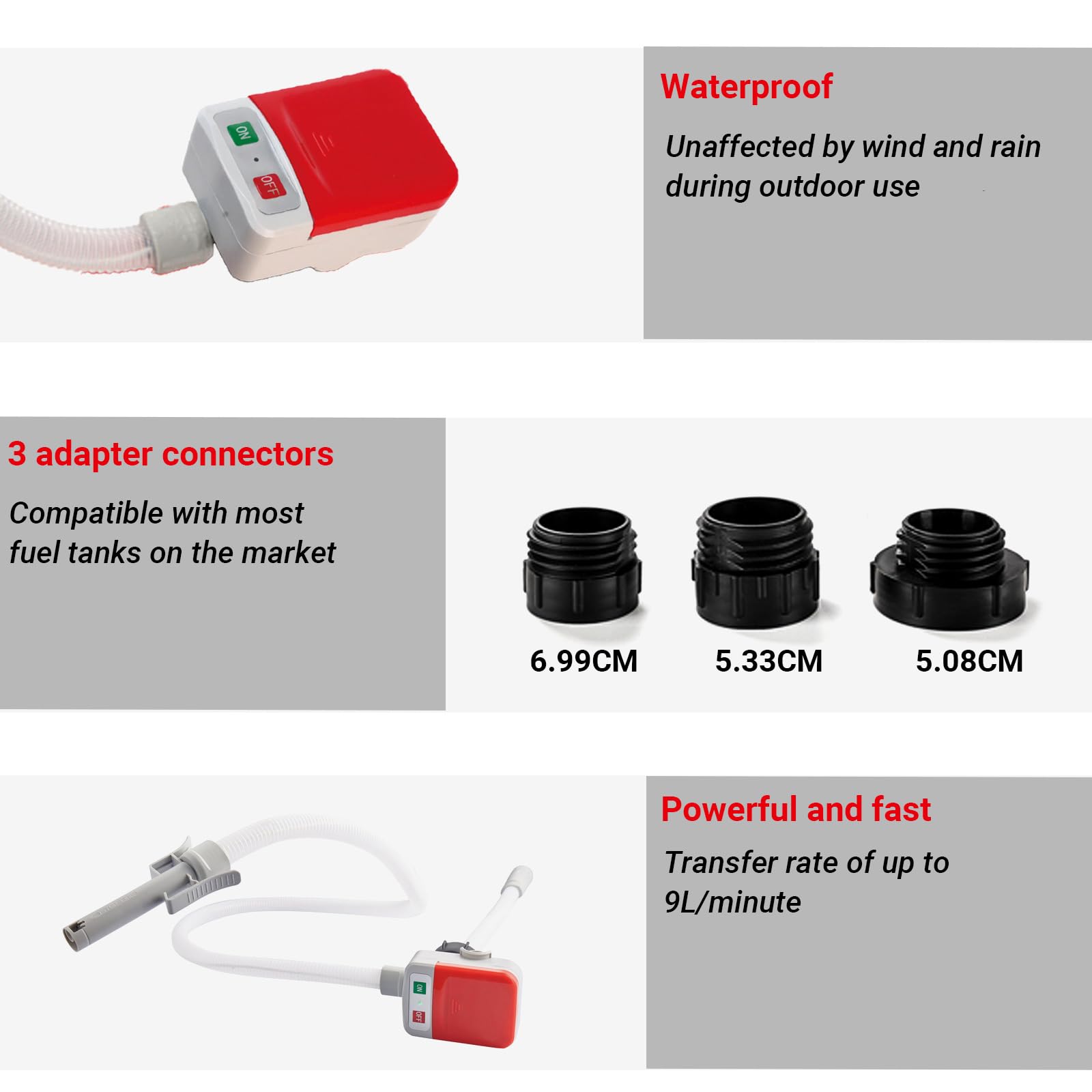 Bomba de Transferencia de Combustible con Parada Automática, Sifón Eléctrico de Alto Flujo 2.4 GPM para Gasolina, Diésel, Aceite y Agua, Portátil para Bidones de 5 Gal, Incluye 3 Adaptadores