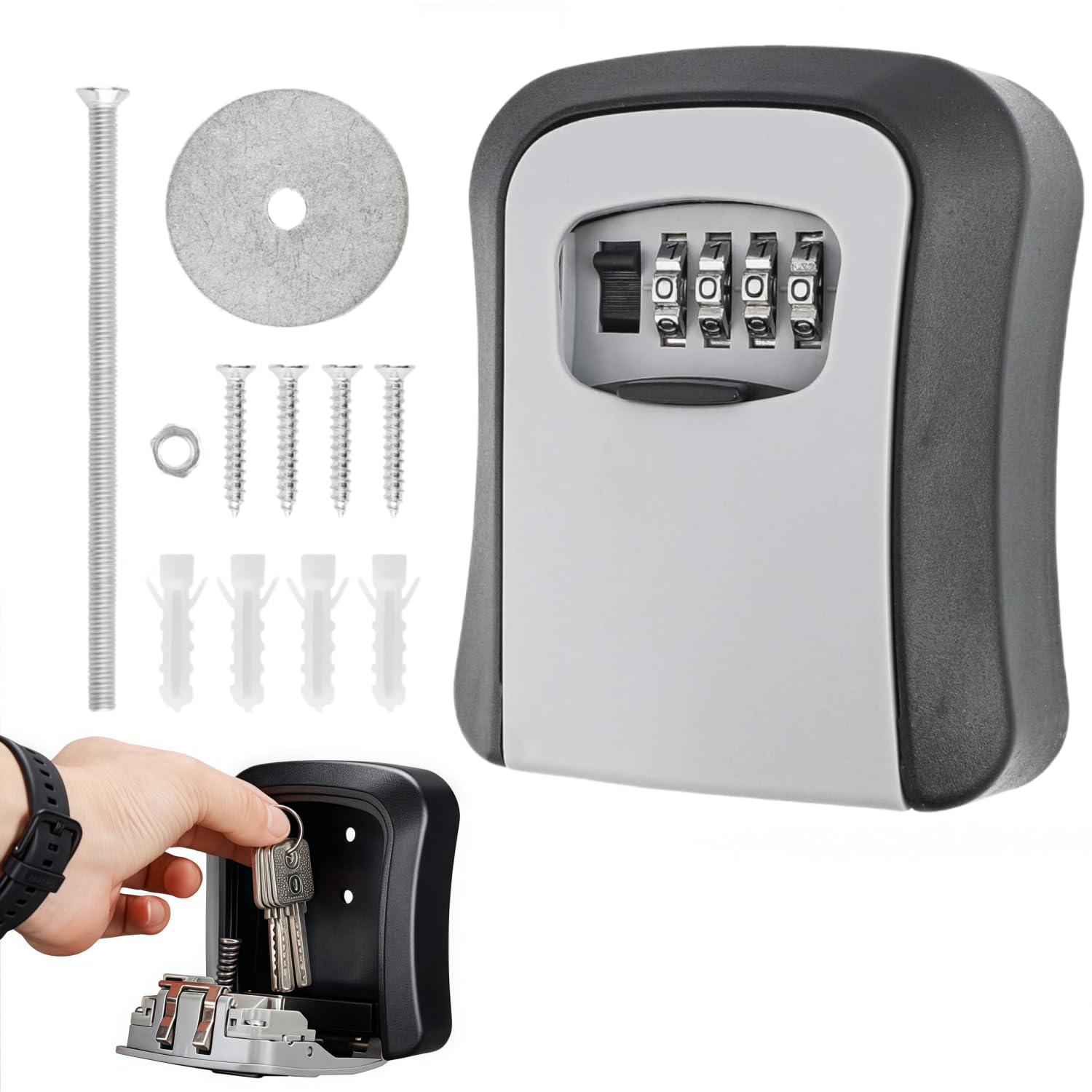 Heanvmyss Key Safe Wall Mounted,4 Digit Combination Key Safe Lock Box Outdoor,Large Key Storage Box Weatherproof,Security Lockbox Waterproof for Outside Home Garage Office School(Grey,10 x 9 cm)