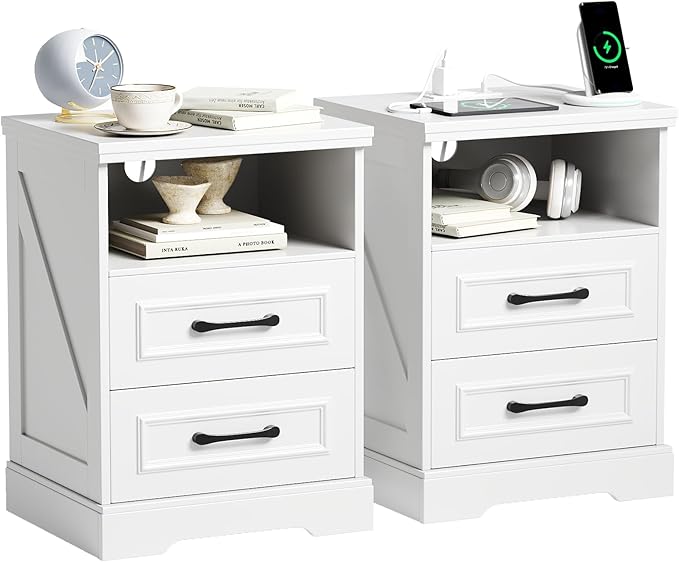 Farmhouse Nightstand Set of 2 with Charging Station, Rustic Wood Bedside Table with 2 Drawers and Storage Shelf, Night Stand with Type C, USB Ports and Outlets for Living Room, Bedroom White