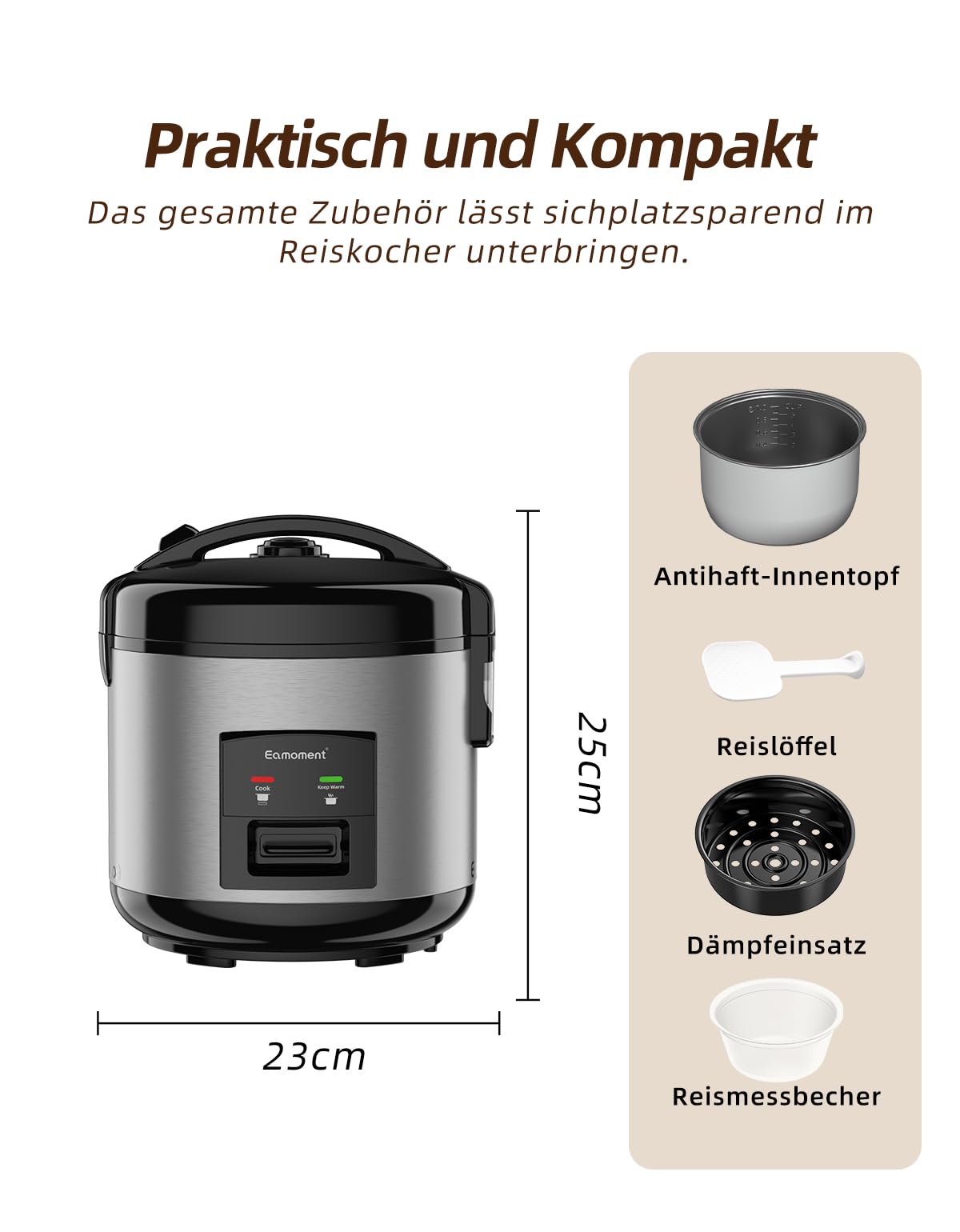 Reiskocher, 1L Elektrischer Dampfgarer mit Antihaftbeschichtung, für 1-5 Personen, schnelle Zubereitung ohne Anbrennen, mit Warmhaltefunktion, Dämpfeinsatz, Reislöffel und Messbecher