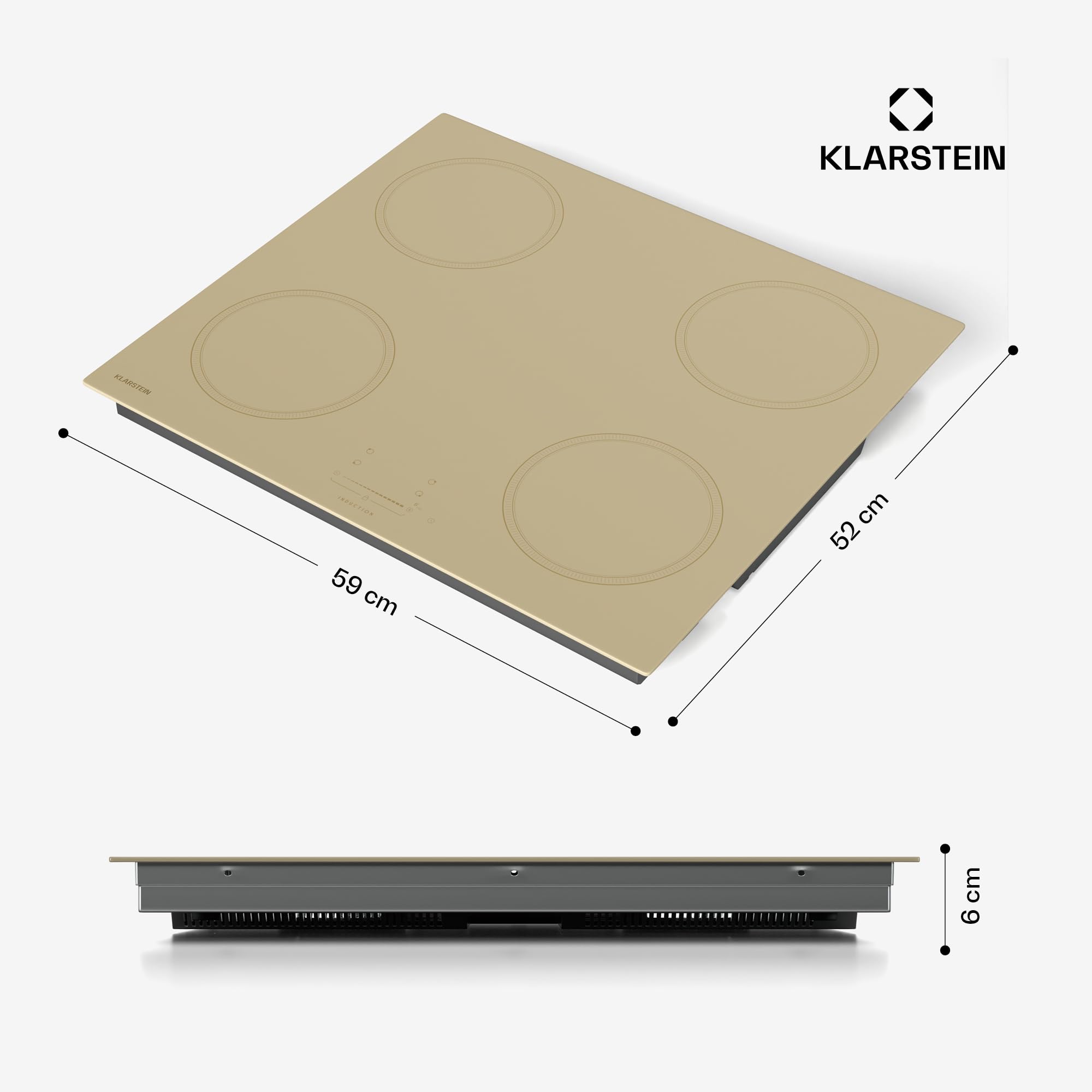 Klarstein Victoria Placa Inducción - 4 Zonas, 7000W Con Potenciadores, Control Deslizante, Temporizador & Bloqueo Infantil, Cristal Cerámico Crema, Diseño Encastrable 59cm