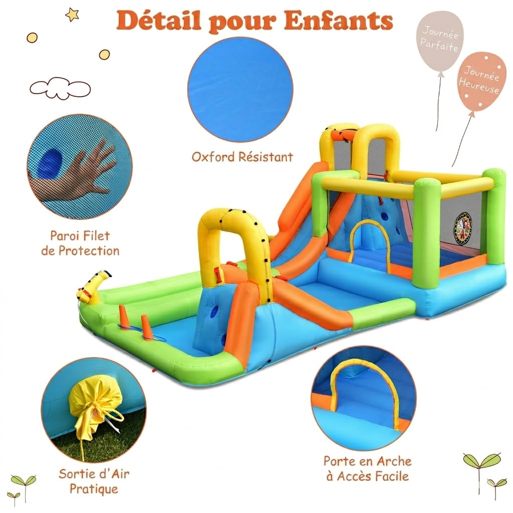 GOPLUS 7 en 1 Château Gonflable Aquatique Toboggan avec Souffleur 680W