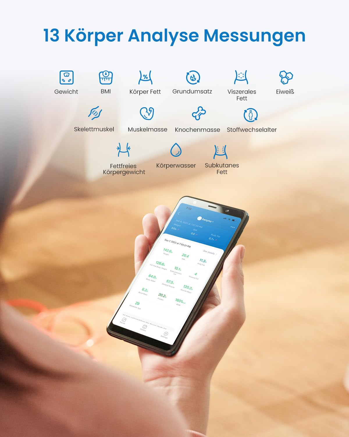 RENPHO Elis Solar 2 Smart Körperwaage – Solarbetriebenes Körperanalysegerät mit WiFi & Bluetooth, 13 Messwerte, App-Integration für Fitness & Gesundheitsmanagement