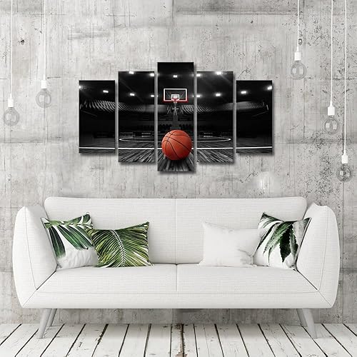 Miniatura 3 de Derkymo 5 imágenes de cancha de baloncesto para dormitorio, lienzo blanco y negro, arte de pared, pintura deportiva, impresiones para sala de estar,