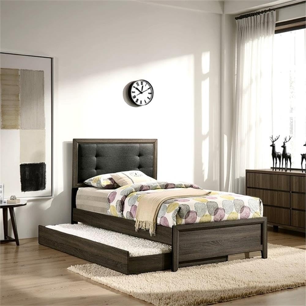 Pemberly Row Twin Size Bed, Button Tufted Upholstered Headboard, Solid Wood and Veneer Frame, Dark Gray Charcoal Finish, Compact Transitional Design for Kids Room or Guest Bedroom, 79.5 x 41.87 x