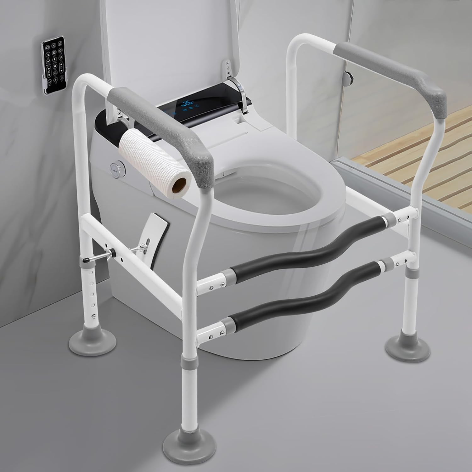 Toilet Safety Rails for Bathroom Safety Frame for Elderly, Pregnant, Disabled, Toilet Safety Frame & Rail Floor-Standing, Adjustable Length 23.6-25.6 Inch, Adjustable Height 25.6-30.7 Inch