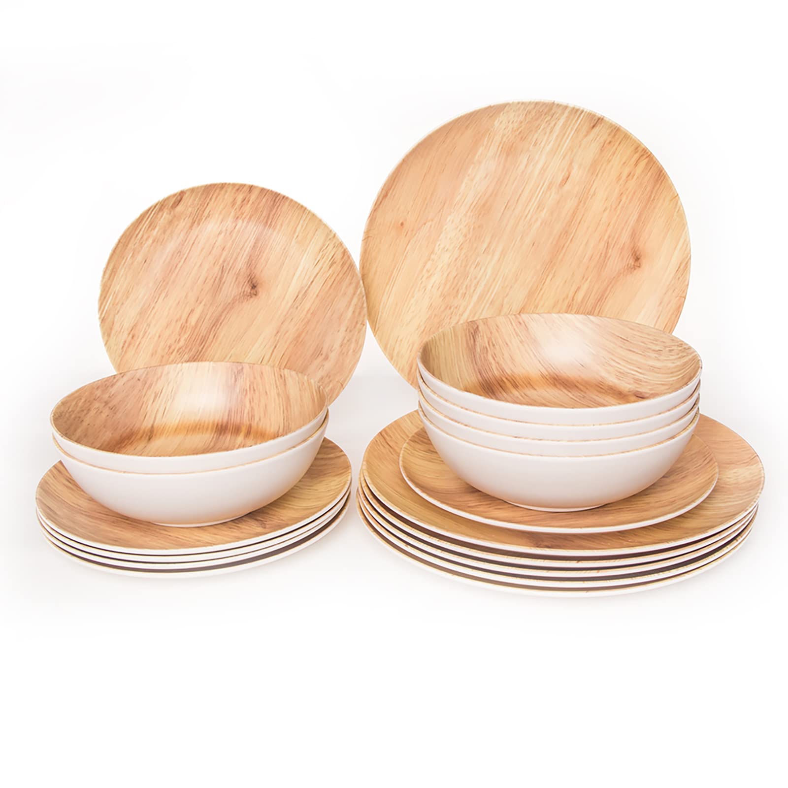 Juego de vajilla de melamina de 18 piezas con aspecto de madera, vajilla de grano de madera, platos de plástico para exteriores, cuencos duraderos para 6 personas