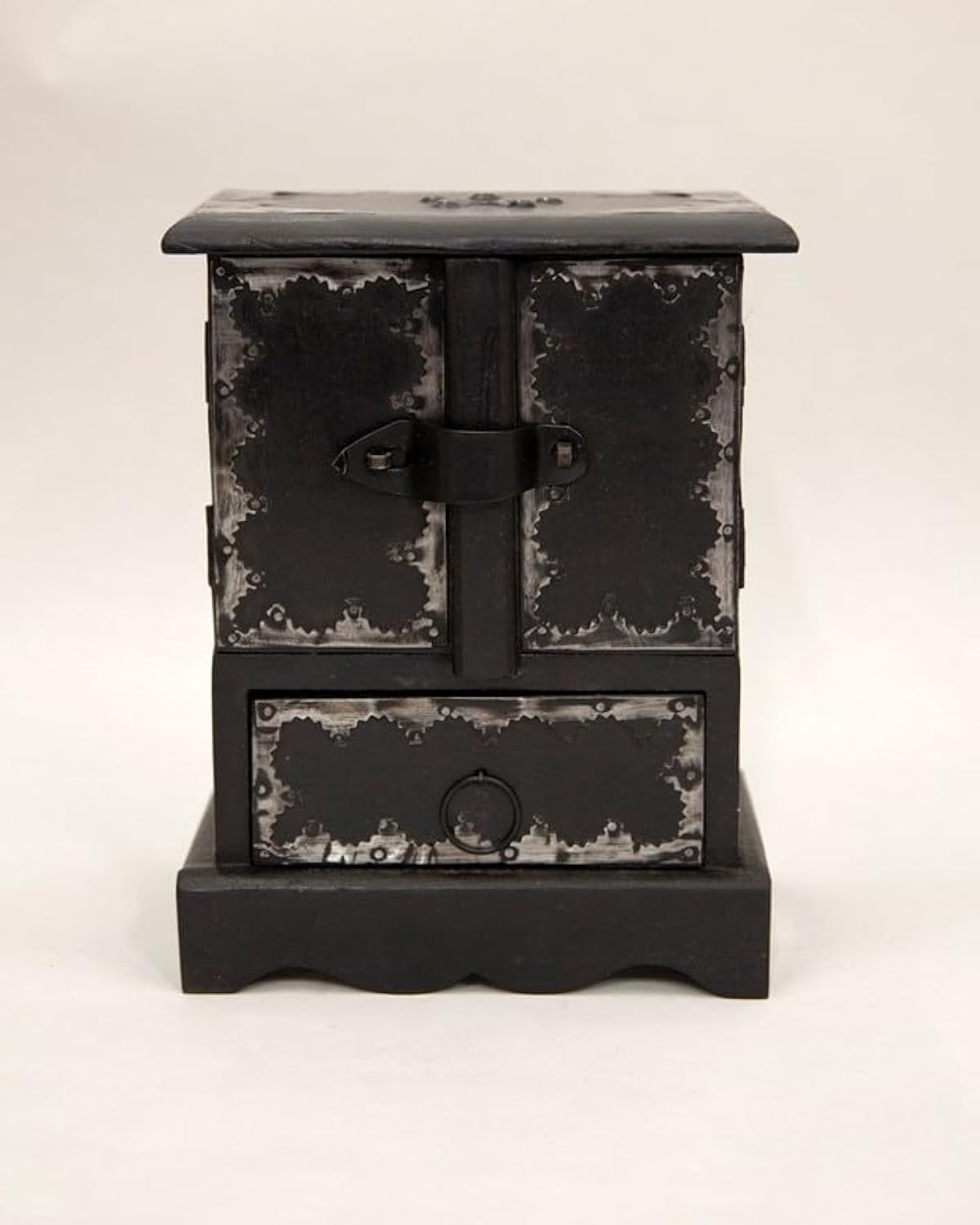 Black jewelry box cabinet, antique style with 2 lockable drawers, solid wood & metal, 9 inches tall