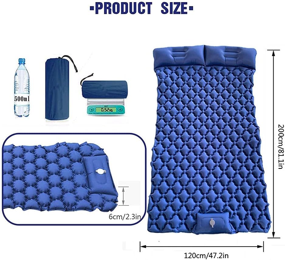 Self Inflating Double Camping Mat with Foot Pump, 2 People Ultralight Portable Camping Sleeping Mat with Pillow, Waterproof Folding Camp Roll Pad for Backpacking, Hiking, and Traveling