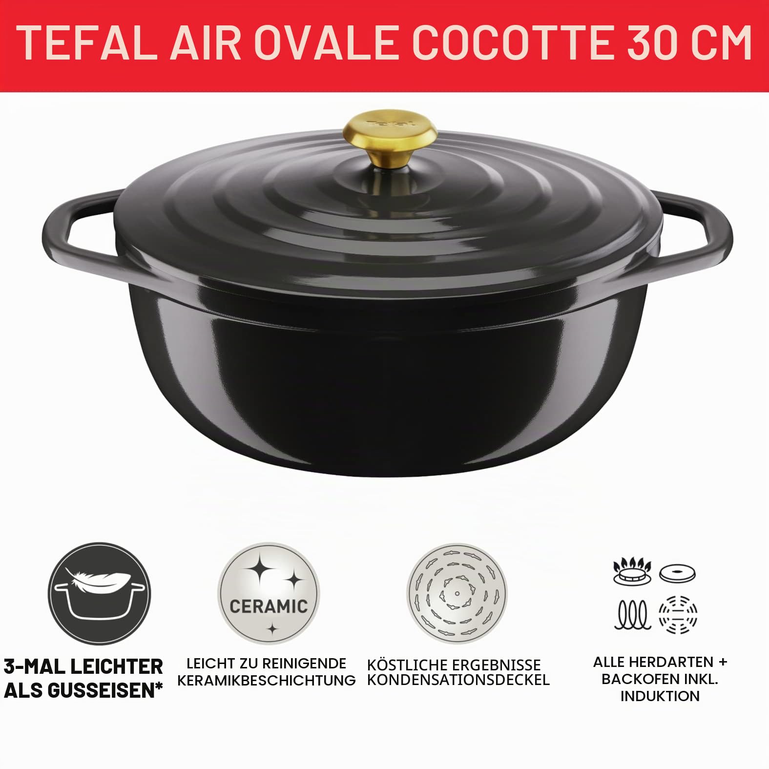 Tefal Air E2558904 Ovale Auflaufform, 30 cm, antihaftbeschichtet, Induktion, Aluminiumguss (leichter als Gusseisen), mit Deckel, Grau