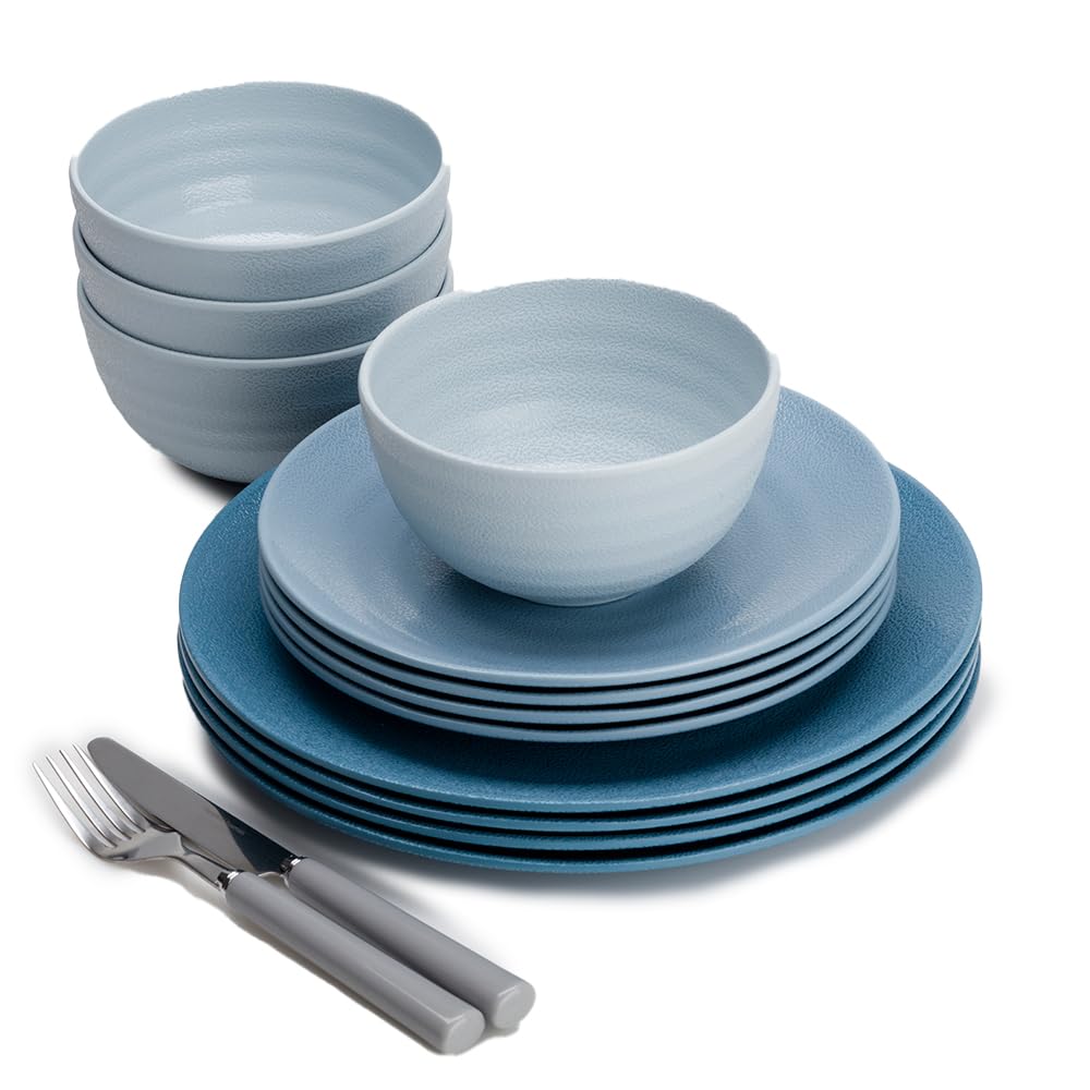 FLAMEFIELD Juego de 12 piezas de melamina Shades of Blue: varios tonos oceánicos, platos y cuencos irrompibles, perfecto para comidas en interiores y exteriores