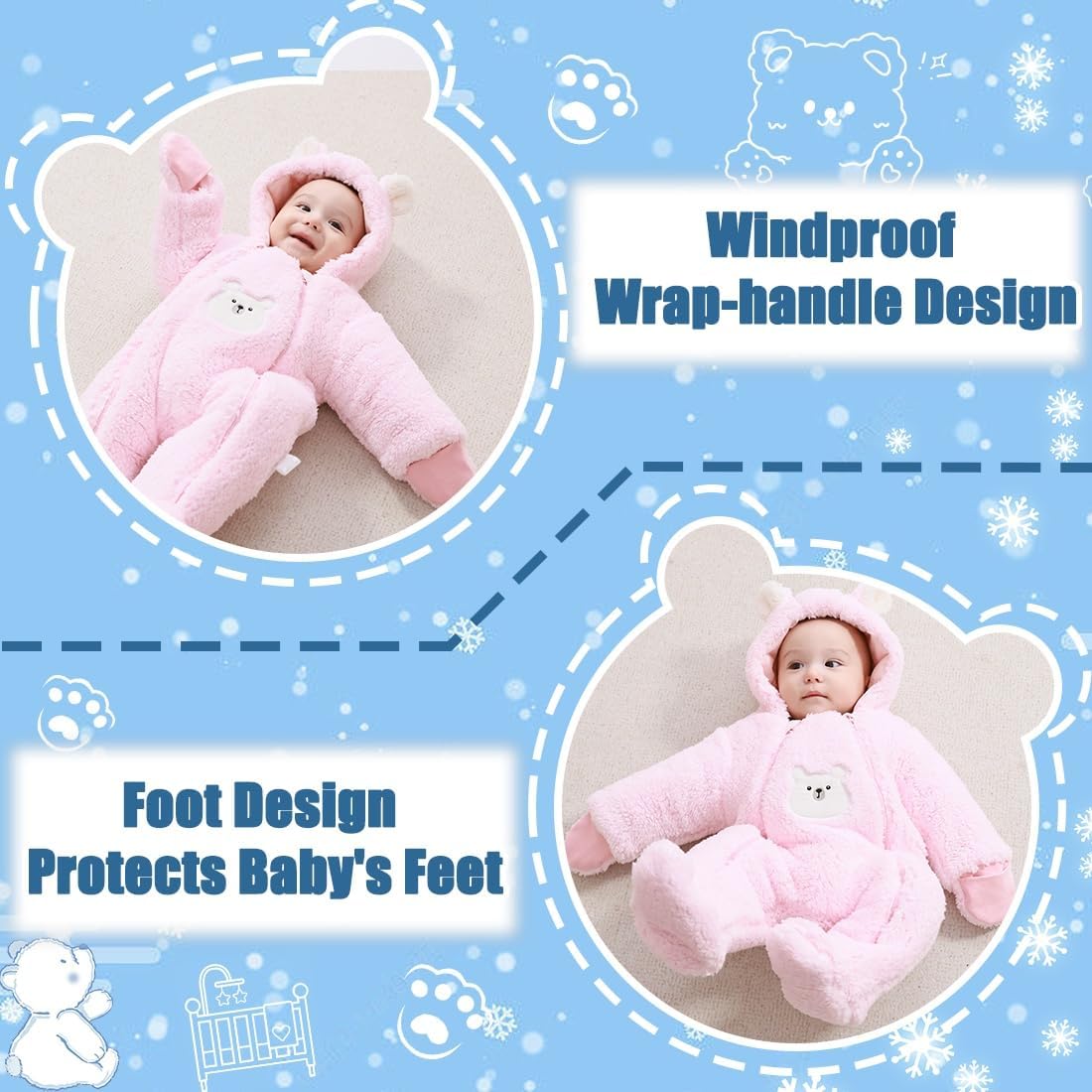 Fairy Baby Newborn Baby Winter Snowsuit Bear Thick Romper Footie Double Zip Hooded Jumpsuit Fleece Coat Infant Boy Girl 0-12M - Image 5