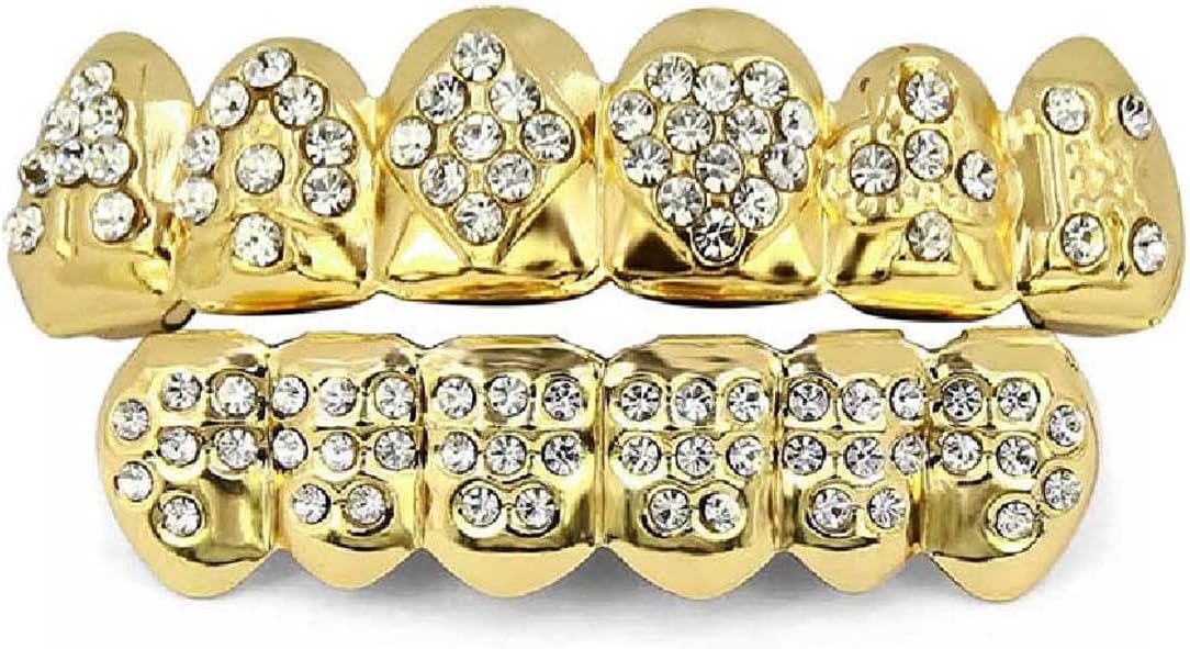 TOPGRILLZ 18K Gold Plated Iced Out Hip Hop Poker Top & Bottom Teeth Caps Grillz Set