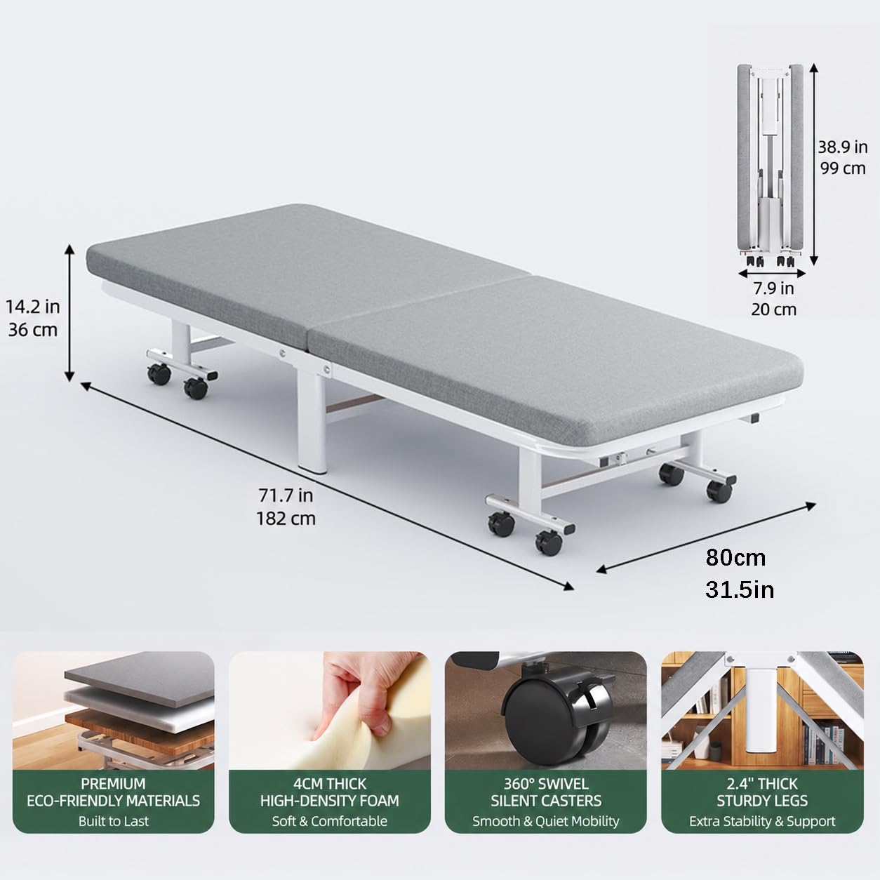 Cama Plegable con Colchón Y Ruedas | para Siestas En Casa Y En La Oficina(182x80x36cm)