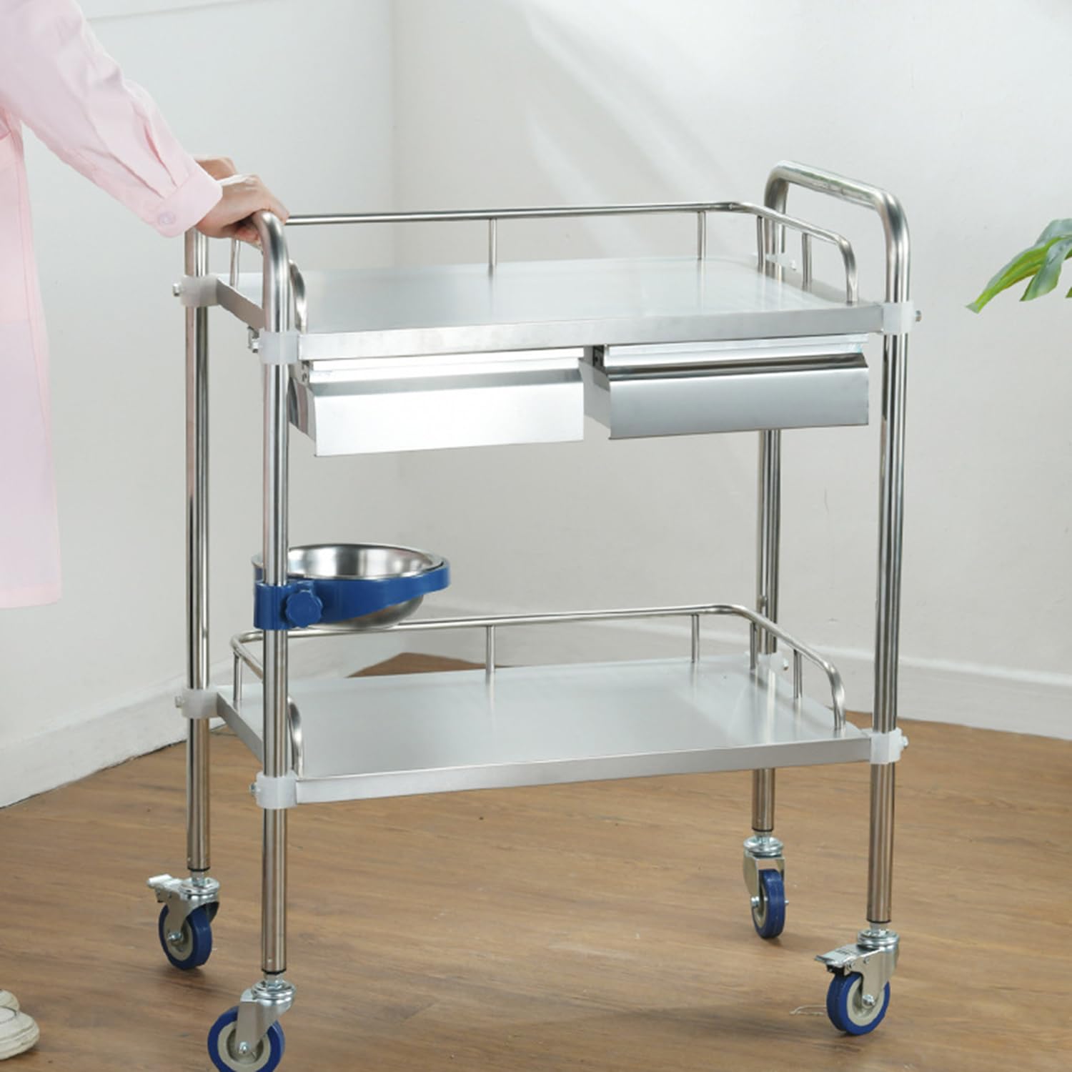 Carro de Servicio de Acero Inoxidable 2 Niveles Carrito con Ruedas 2 Cajones Isla de Cocina Rodante Comercial para Utensilios y Vajilla (Plateado)