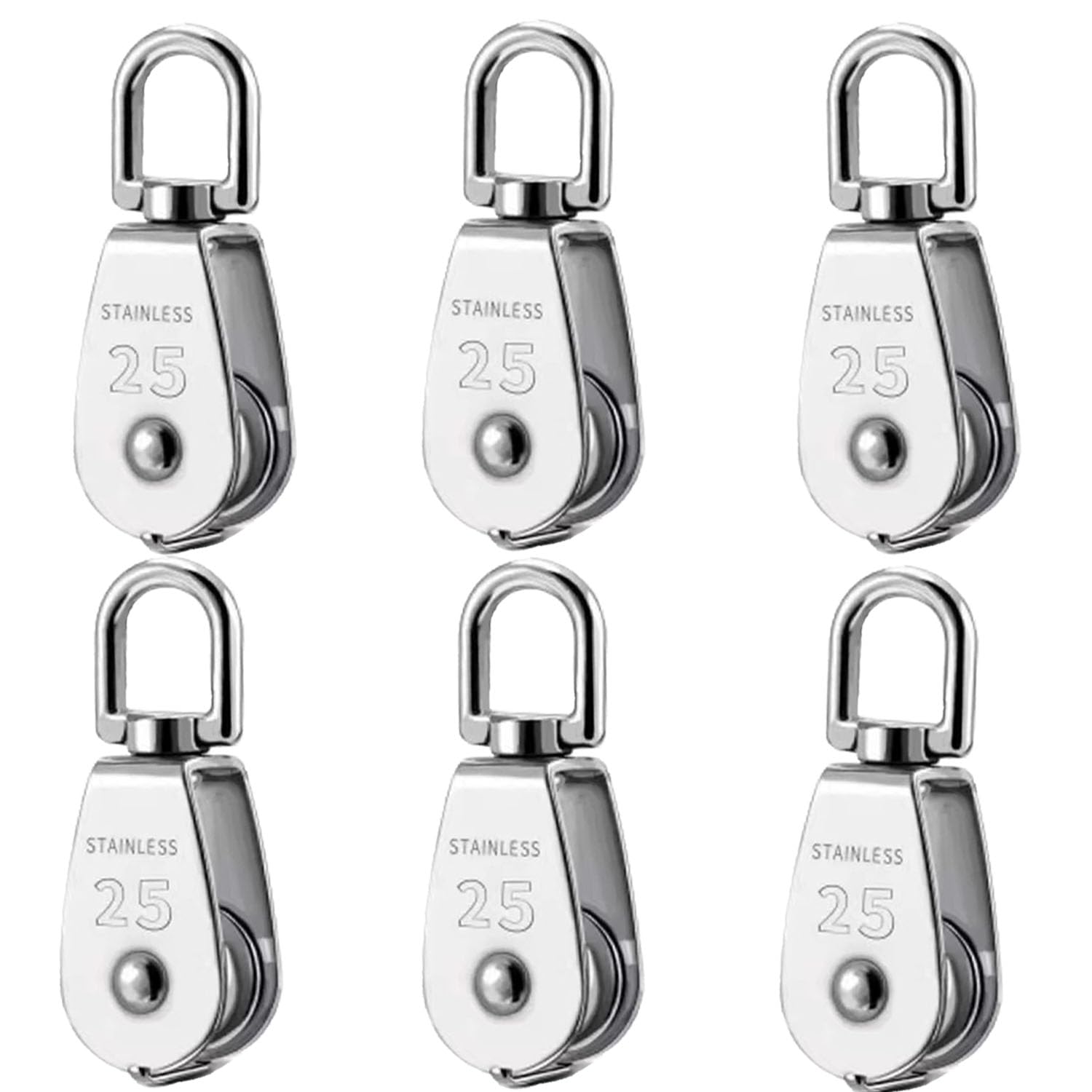M25 - Polea simple con gancho giratorio para grúa de elevación de 330 LB/150 kg de capacidad de carga de acero inoxidable, rueda de remolque para cuerda, 6 unidades