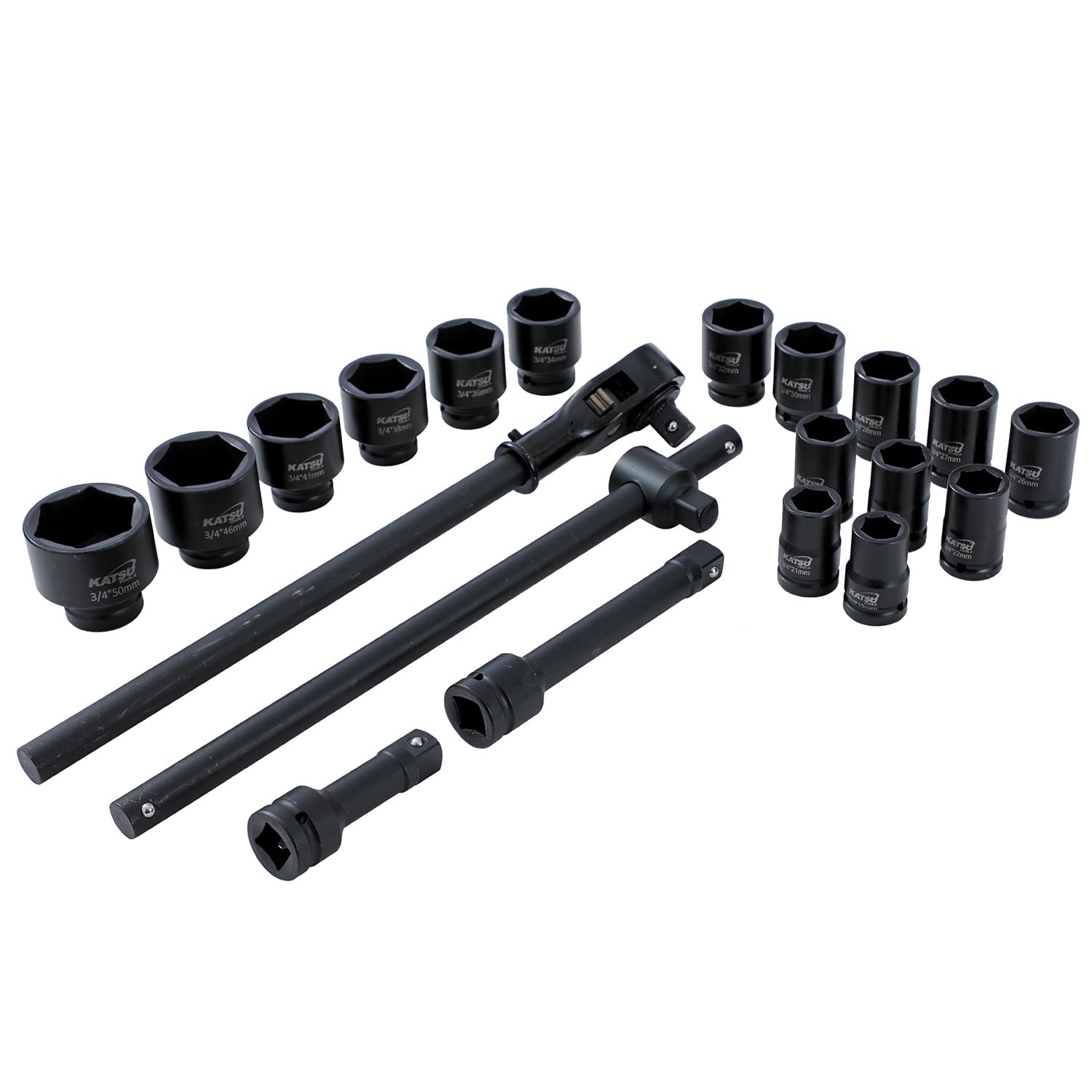 KATSU Tools Juego dado impacto industrial 21 pz – carraca de 24 dientes con liberación rápida 3/4″, vasos profundos 6 puntas métricos 19‑50 mm, maletín acero