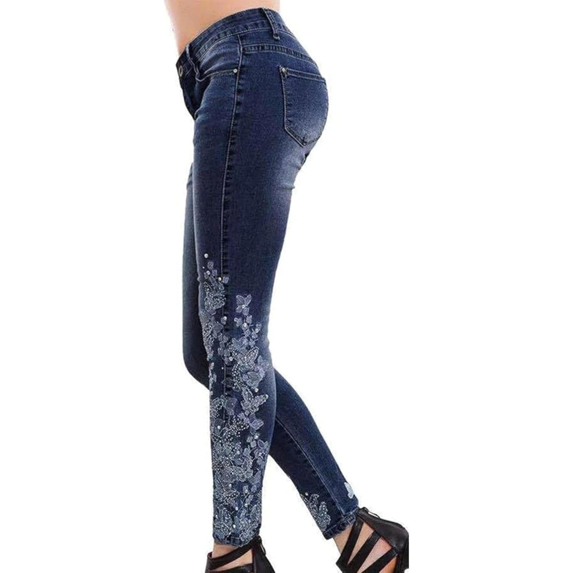 Women's Floral Embroidered Jeans Mid Rise Skinny Stretch Denim Pants Vintage Printed Slim Fit Tapered Leg Jean (Blue,X-Large)