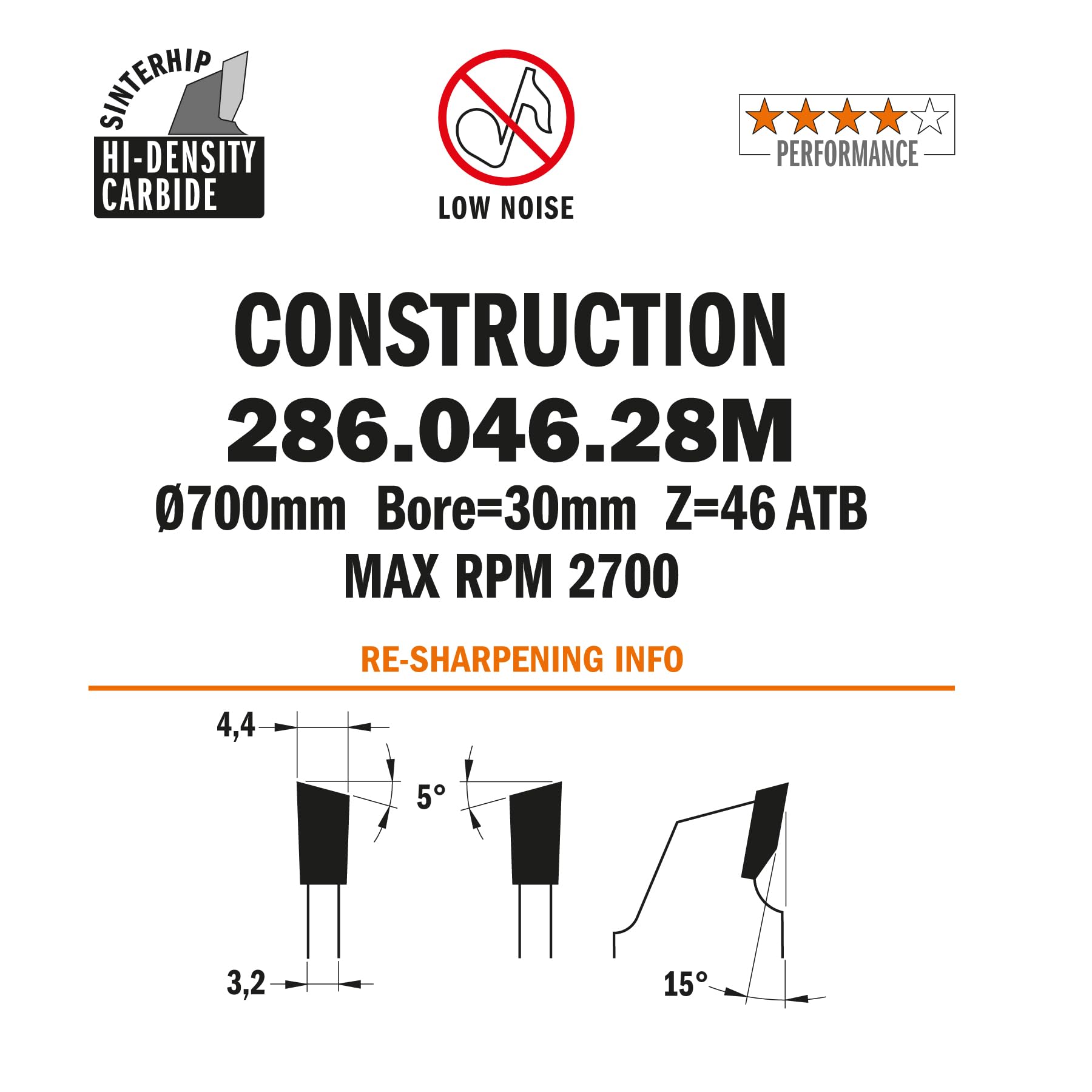 CMT ORANGE TOOLS 286.046.28M - LAMA CIRCOLARE EDILIZIA C/LIMIT. HW 700x4.4/3.2x30 Z46 5'ATB