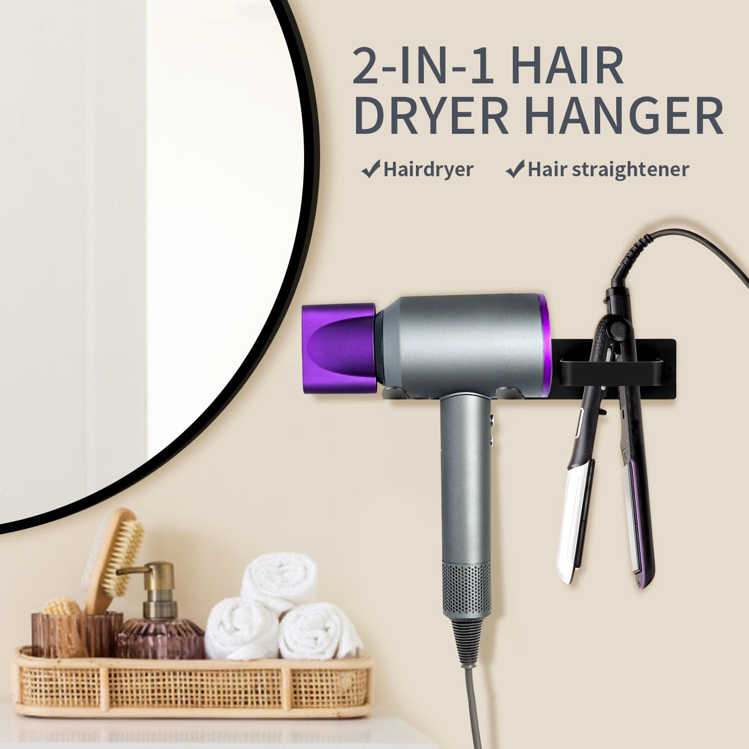 LURNODY Föhn Halterung Ohne Bohren - Schwarzer Edelstahl Halter Für Haartrockner & Glätteisen