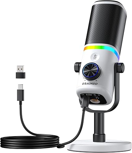 Aokeo Microphone for PC, AK-10 USB/XLR Dynamic Desktop Microphone for Gaming,Podcast,Streaming with RGB Light,Volume Control,Mute Button,Noise Reduction(White)