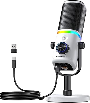 Aokeo Microphone for PC, AK-10 USB/XLR Dynamic Desktop Microphone for Gaming,Podcast,Streaming with RGB Light,Volume Control,Mute Button,Noise Reduction(White)