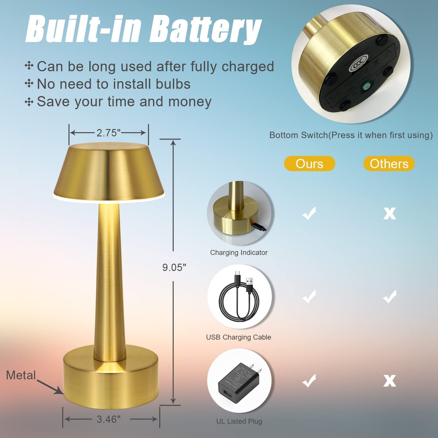 BRASSLISM Gold Cordless Table Lamp - Rechargeable, 3 Light Colors, Adjustable Height, Touch Control